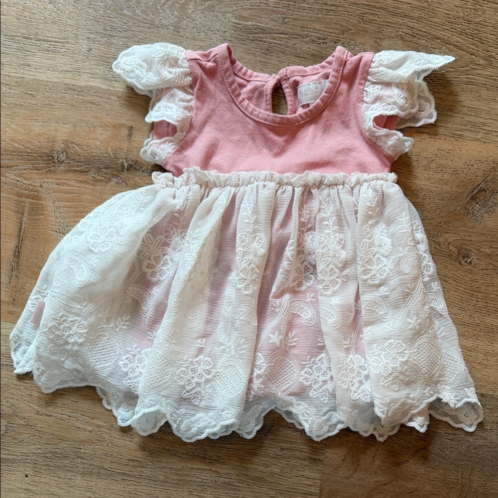 Bebe Pink and White Lace Baby Dress